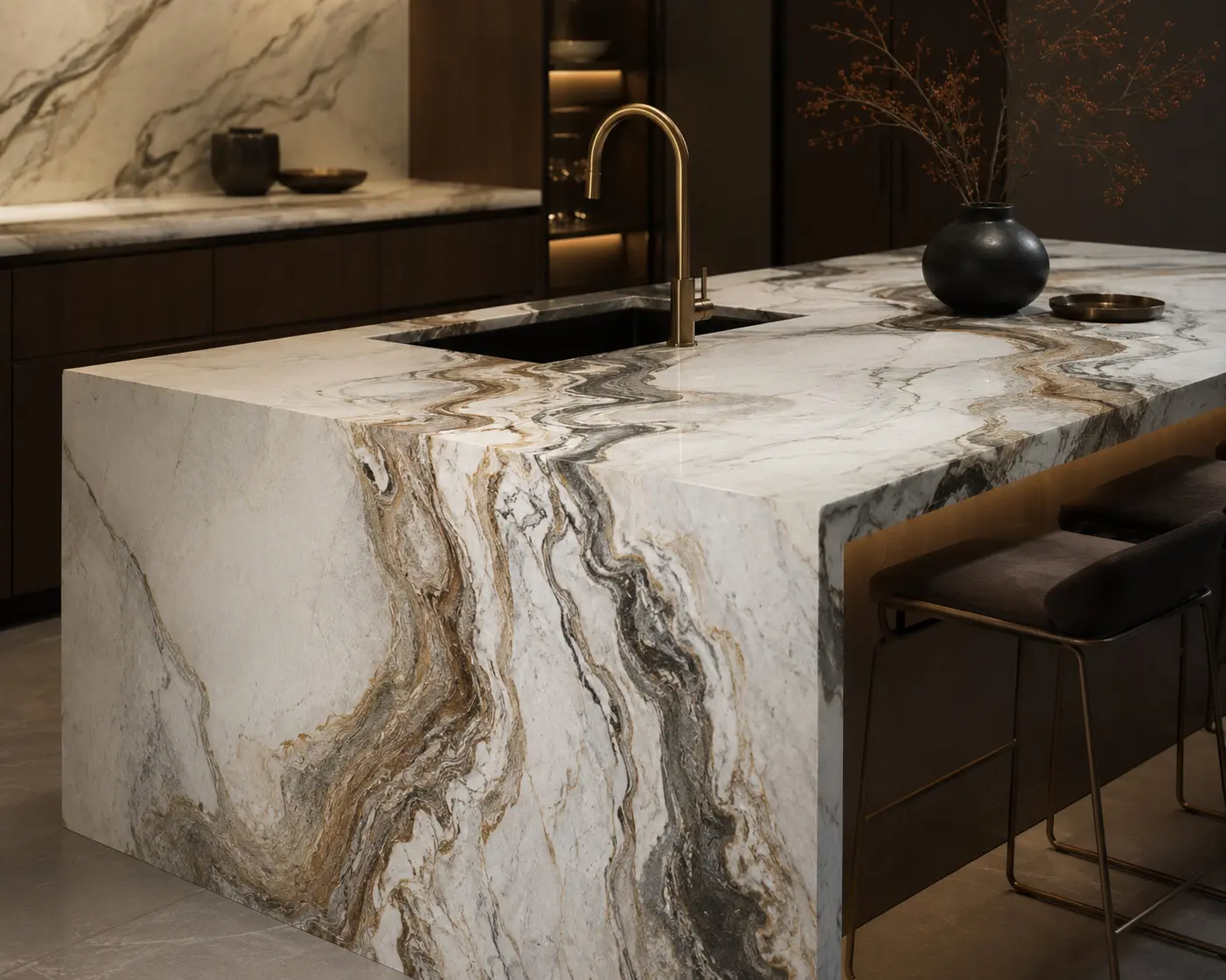 Conceptual rendering of marble slab waterfall edge countertop with continuous veining across surface and side panel