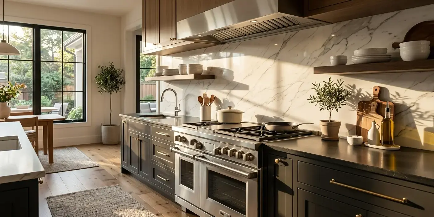Conceptual rendering of white quartzite slab backsplash with gray veining behind kitchen range