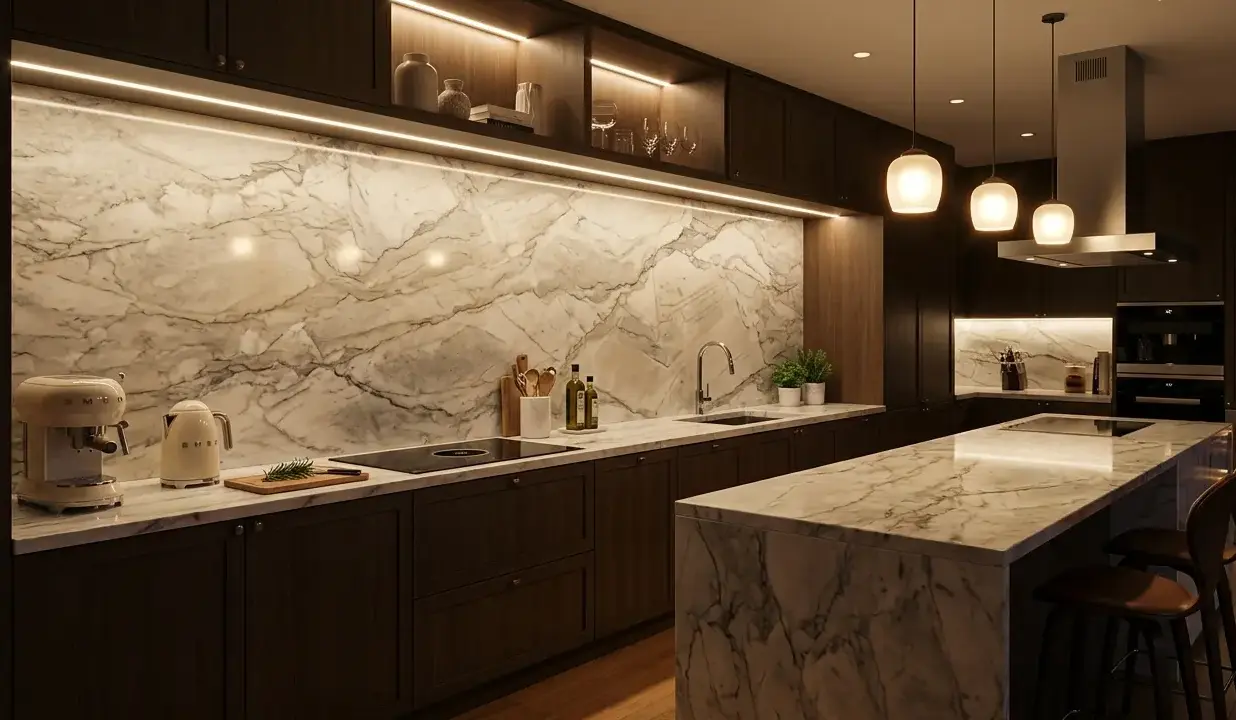 Conceptual rendering of polished quartzite slab backsplash in cream and gray tones across kitchen wall
