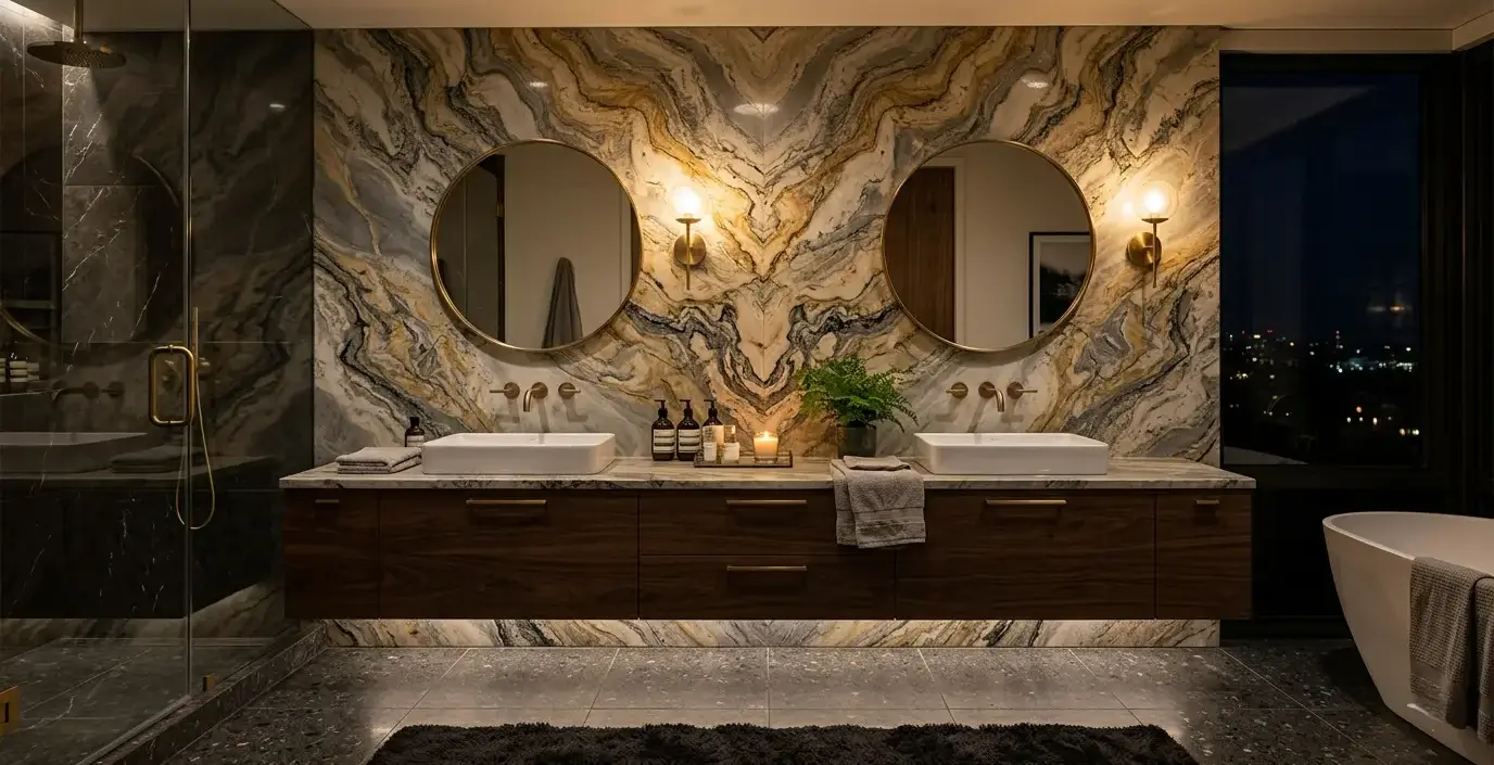 Conceptual rendering of bookmatched quartzite backsplash panels on bathroom vanity focal wall