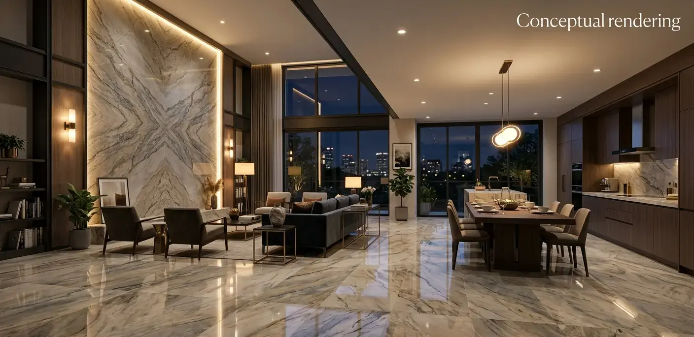 Conceptual rendering of polished quartzite slabs covering a large-format floor and feature wall