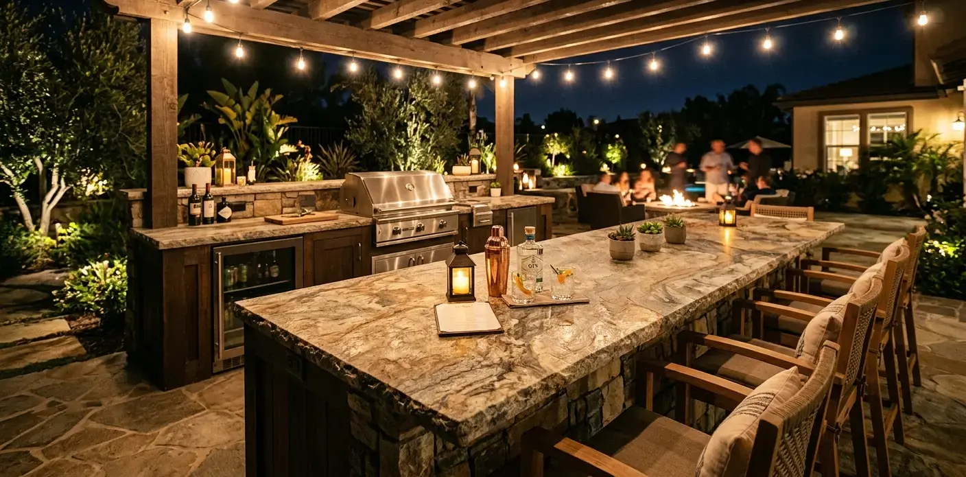 Conceptual rendering of a leathered quartzite slab used as an outdoor bar countertop surface