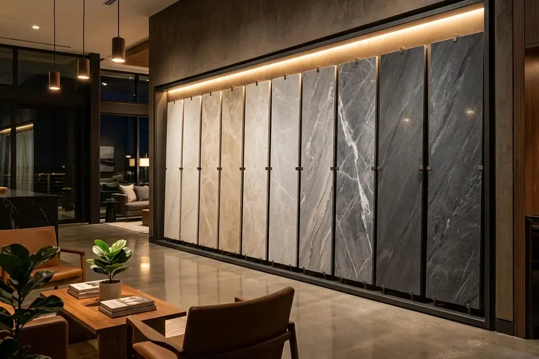 Conceptual rendering of quartzite slabs in varying tones from cream to charcoal displayed side by side