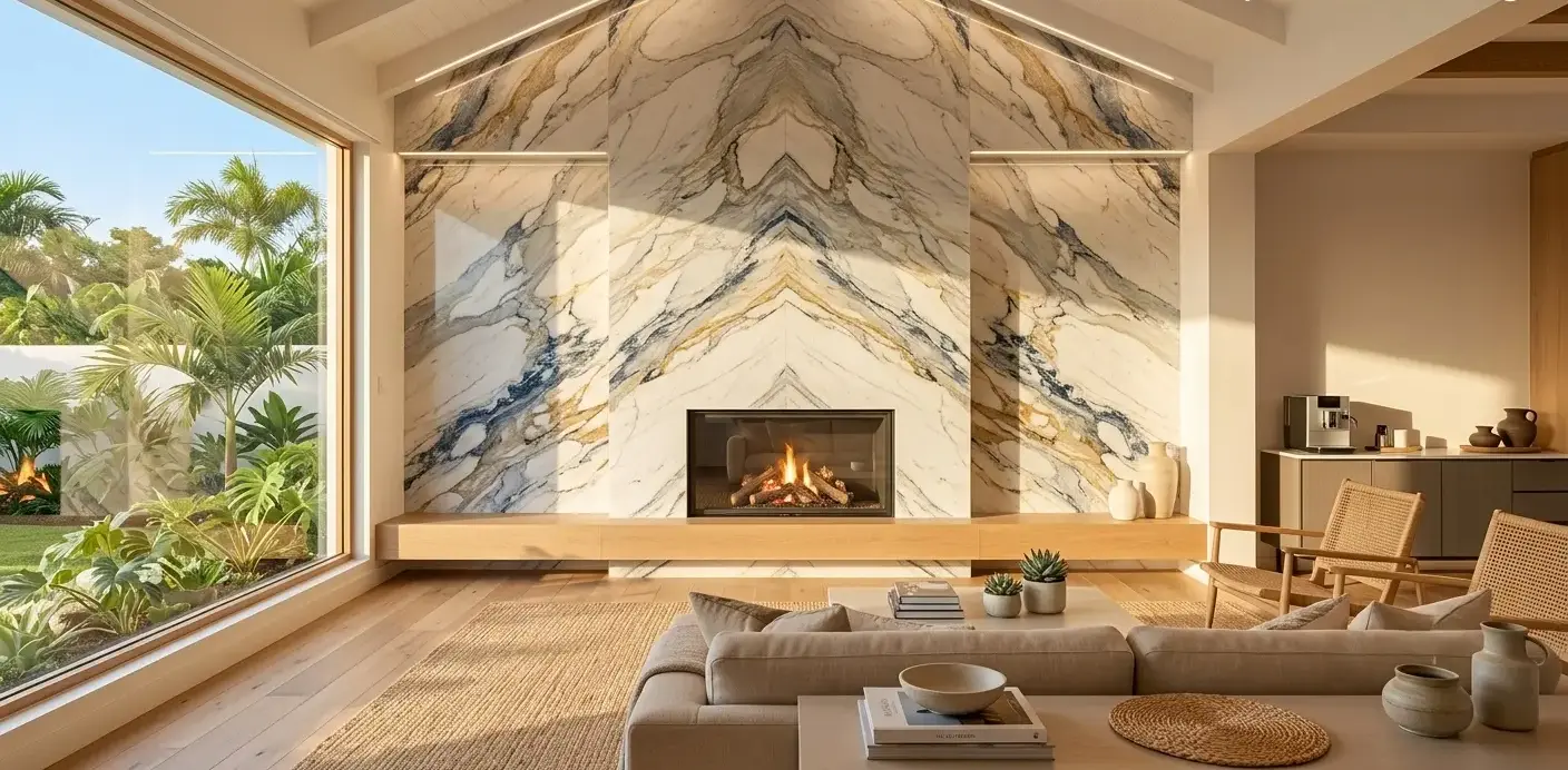 Conceptual rendering of a bookmatched quartzite fireplace backsplash with symmetrical veining on a full-height slab