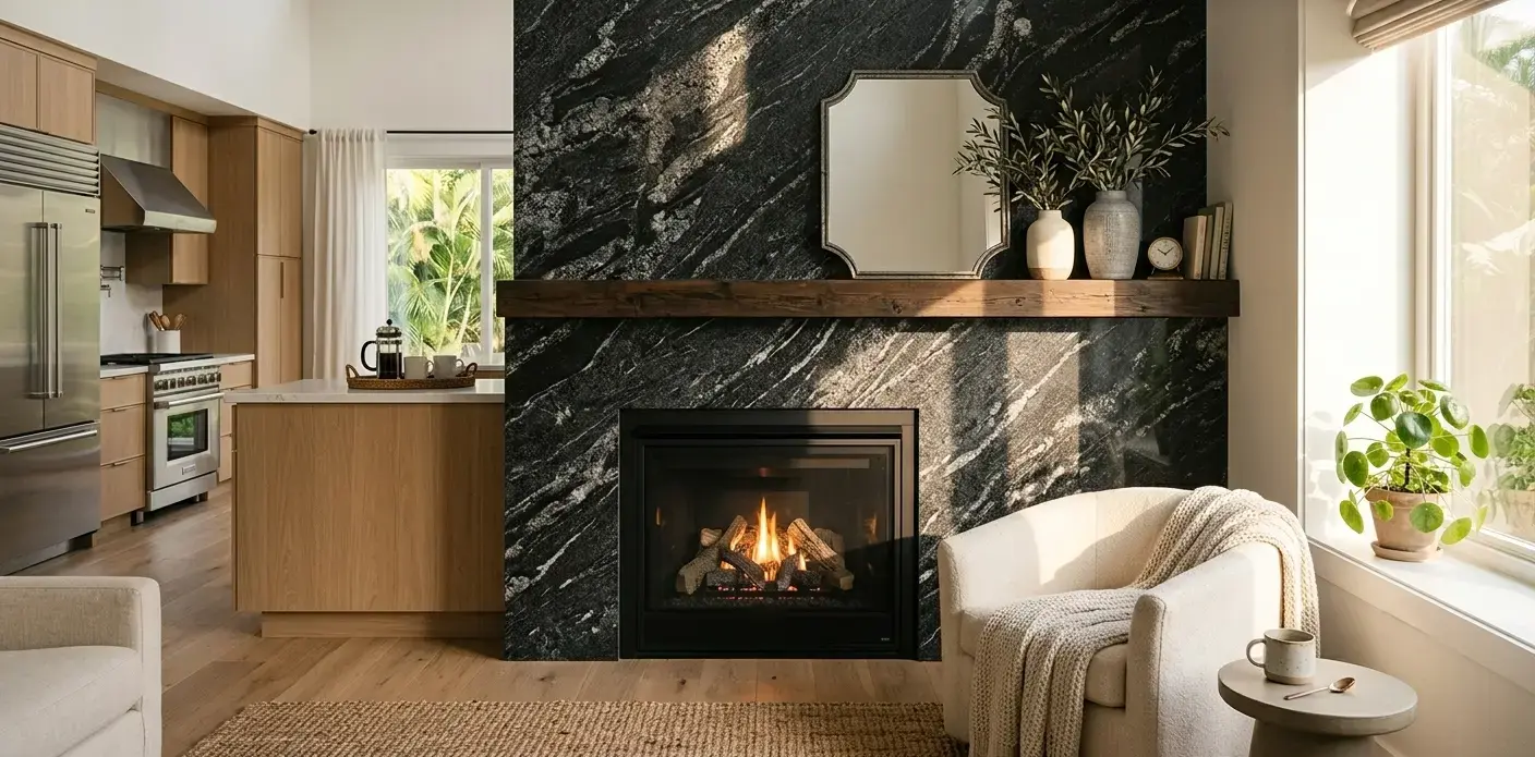 Conceptual rendering of a dark granite stone fireplace backsplash with charcoal and silver mineral patterning