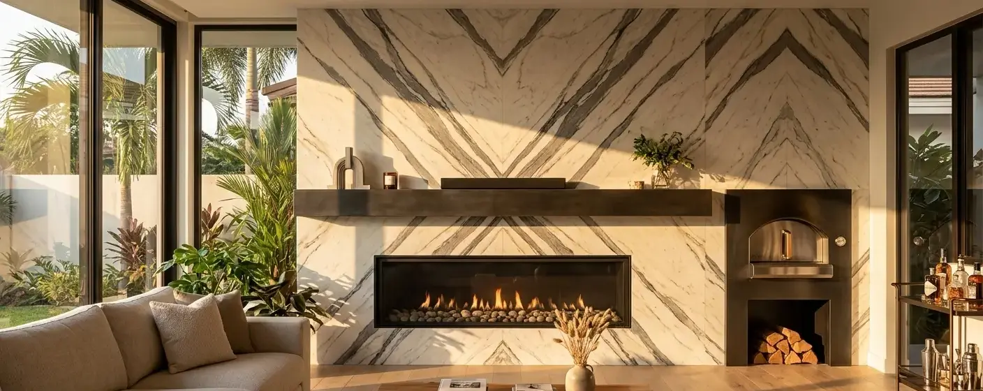 Conceptual rendering of a Calacatta marble fireplace backsplash with bold diagonal veining in a modern living room