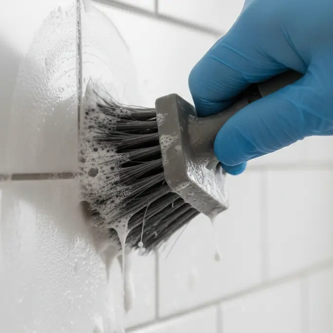Close-up of grout brush cleaning subway tile grout joints with cleaning solution