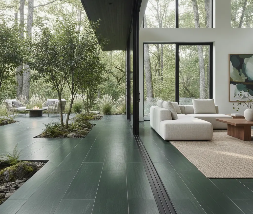Conceptual rendering of a forest-toned porcelain tile in a modern exterior