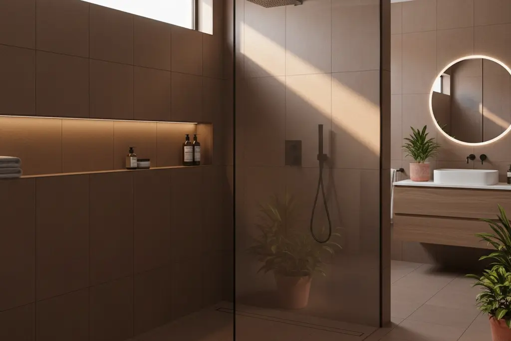 Conceptual rendering of chestnut brown porcelain tile on shower wall