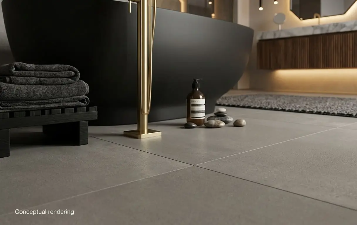 Conceptual rendering of a close-up view of perfectly installed grey porcelain floor tiles for bathroom in a modern luxury setting