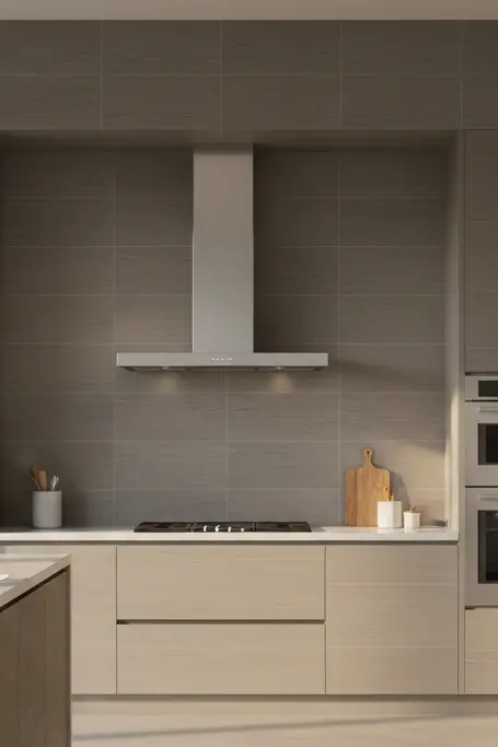 Ash matte porcelain tile installed on modern kitchen backsplash
