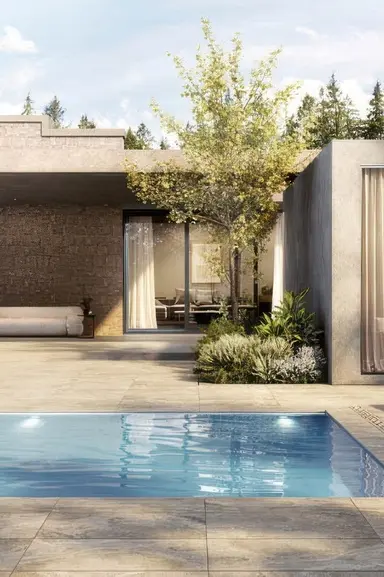 Verenna matte travertine-look porcelain tile at pool surround