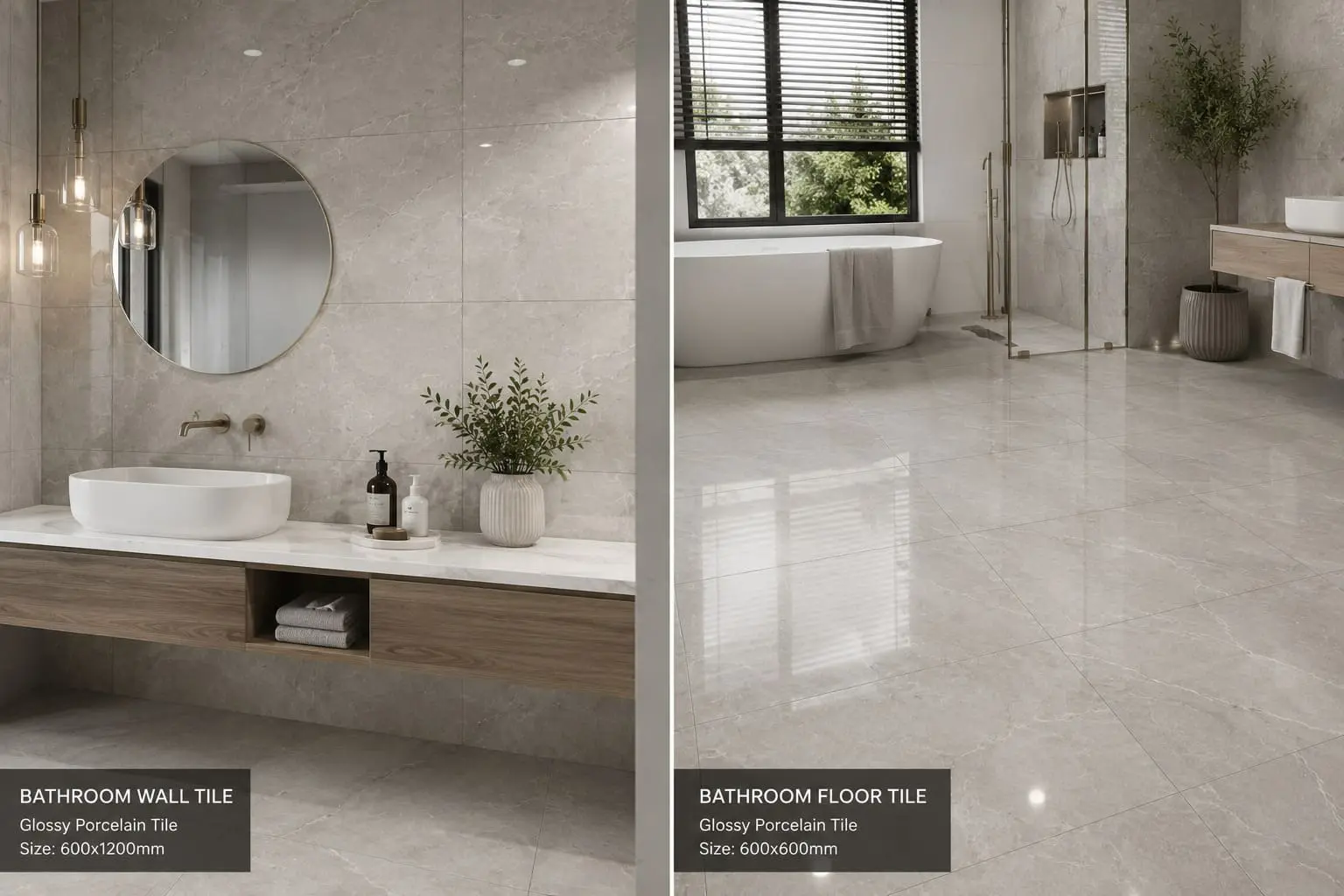 Conceptual rendering of a porcelain tile bathroom for walls and flooring