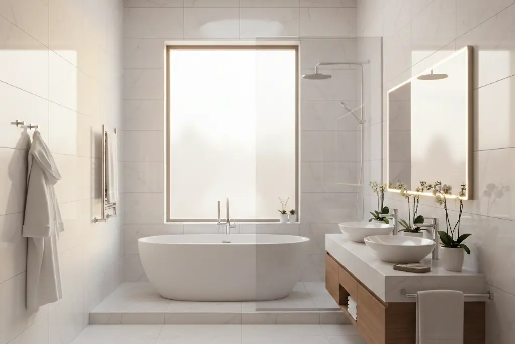 White porcelain tiles in a bright, modern bathroom with natural light