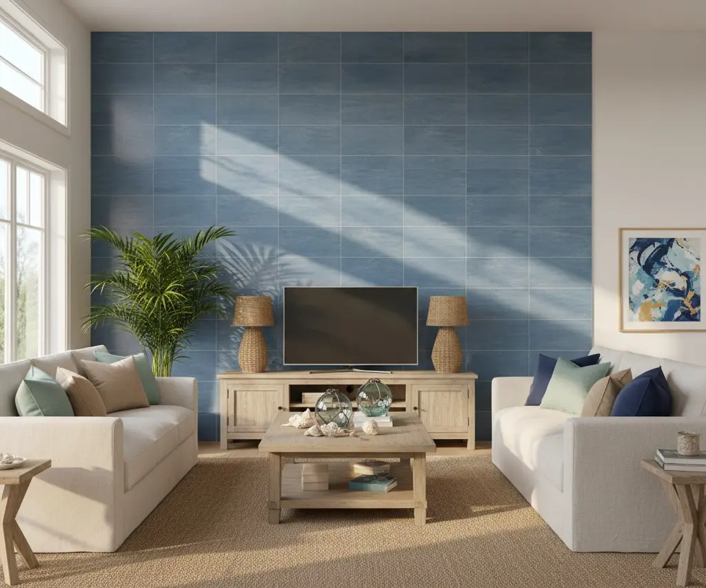 Large-format blue porcelain accent wall tile in coastal interior design