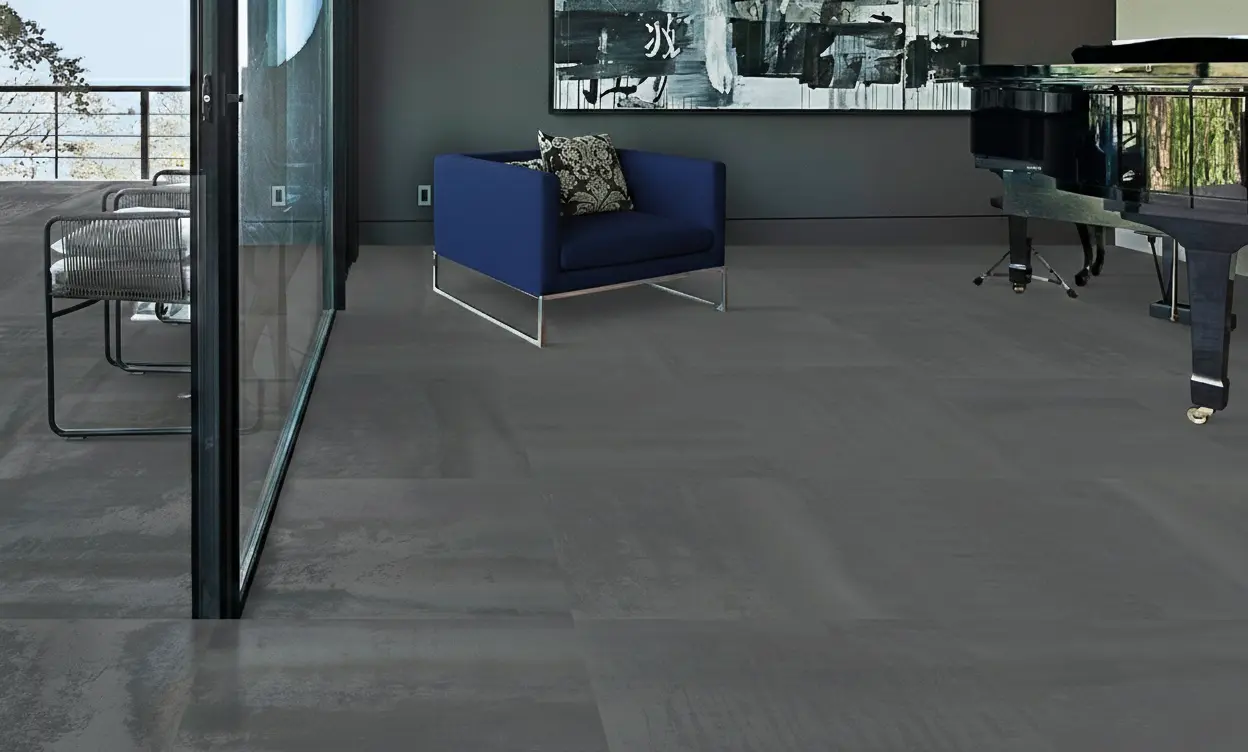 Copper-toned porcelain tile in a contemporary living space