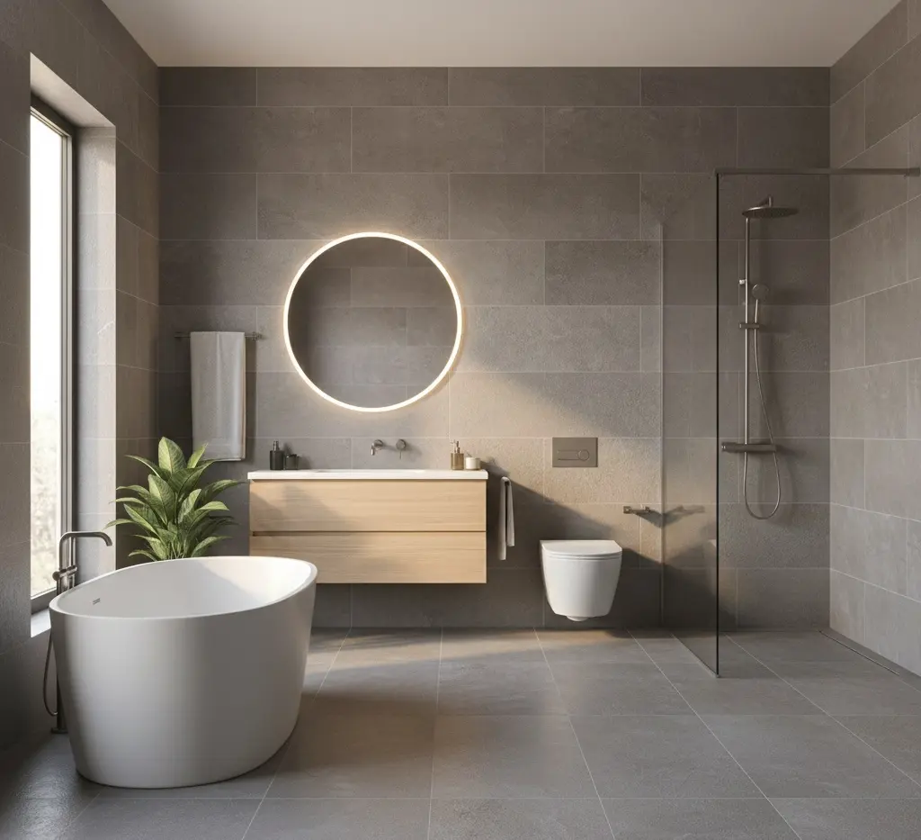 Conceptual rendering of gray porcelain subway tile on wall and floor