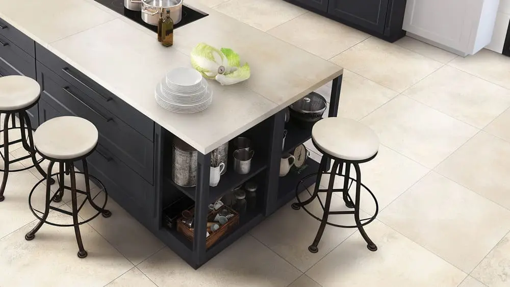 Conceptual rendering of cement look porcelain tile in kitchen floor