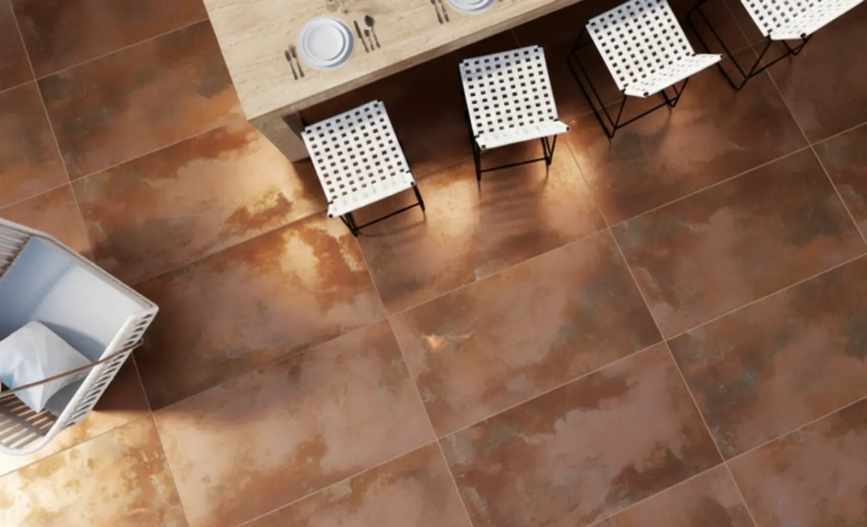 Conceptual rendering of copper porcelain tile on kitchen floor
