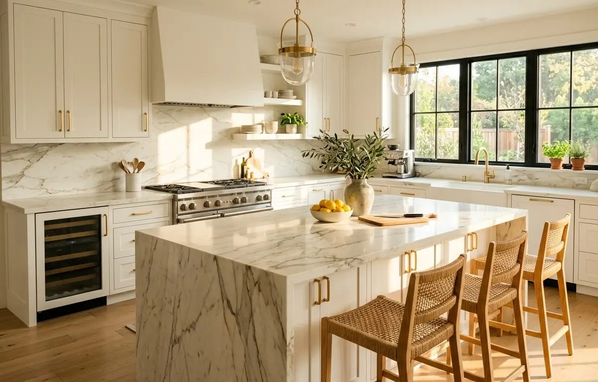 Polished Calacatta marble kitchen island countertop with waterfall edge