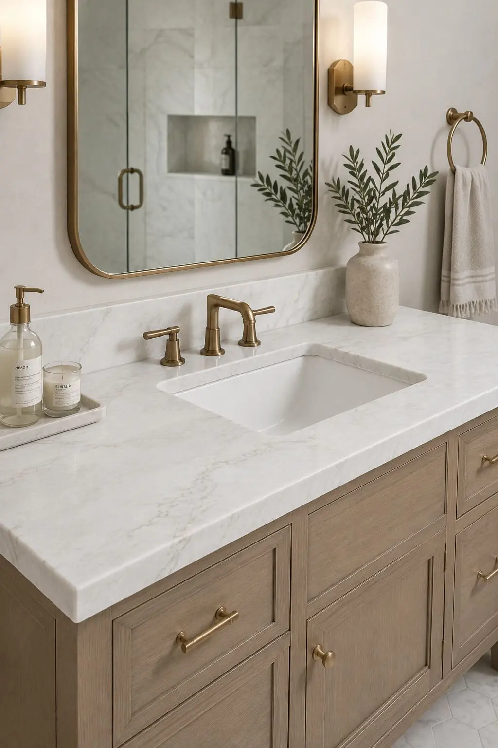 Conceptual rendering of a white quartzite countertop in a bathroom