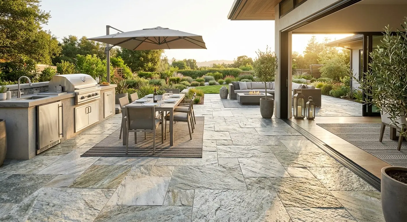 Quartzite outdoor patio with exterior stone pavers