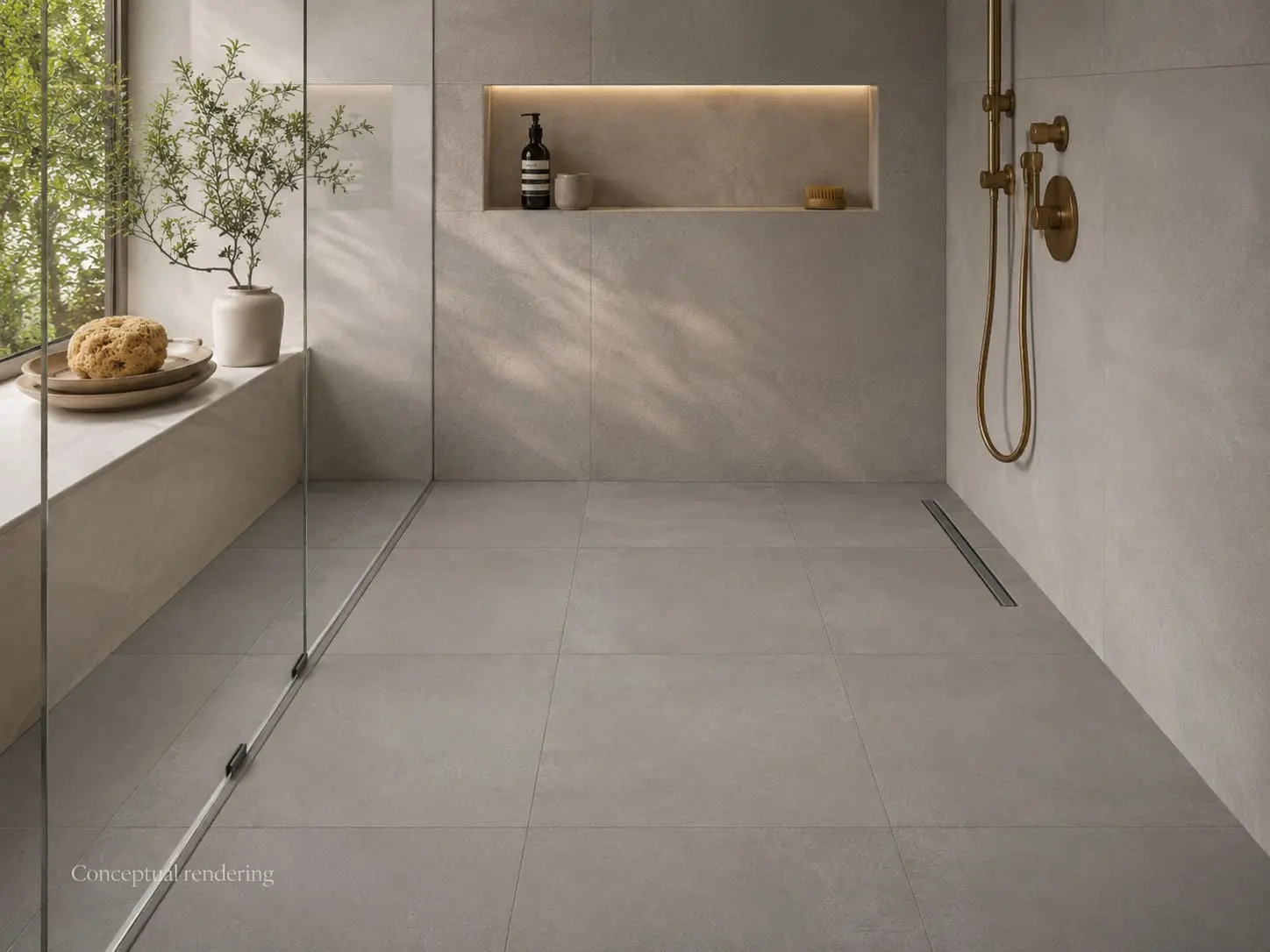 Conceptual rendering of a porcelain tile for shower floor in a luxury modern shower design