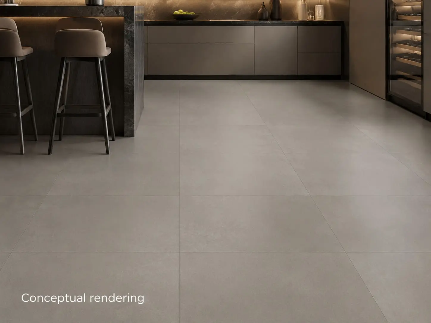 Conceptual rendering of high-end modern kitchen featuring sleek porcelain kitchen floor tiles with minimalist design