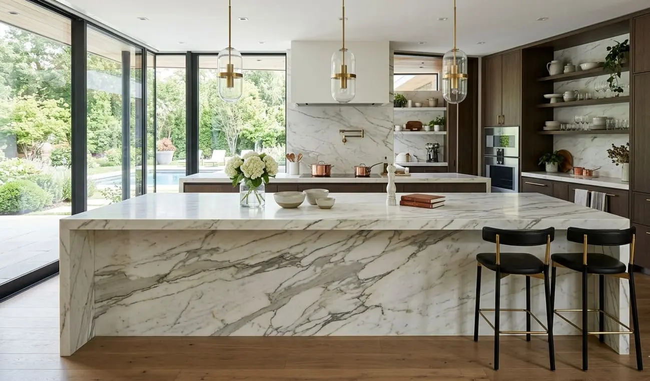 Luxury kitchen featuring waterfall-style Calacatta Marble kitchen island