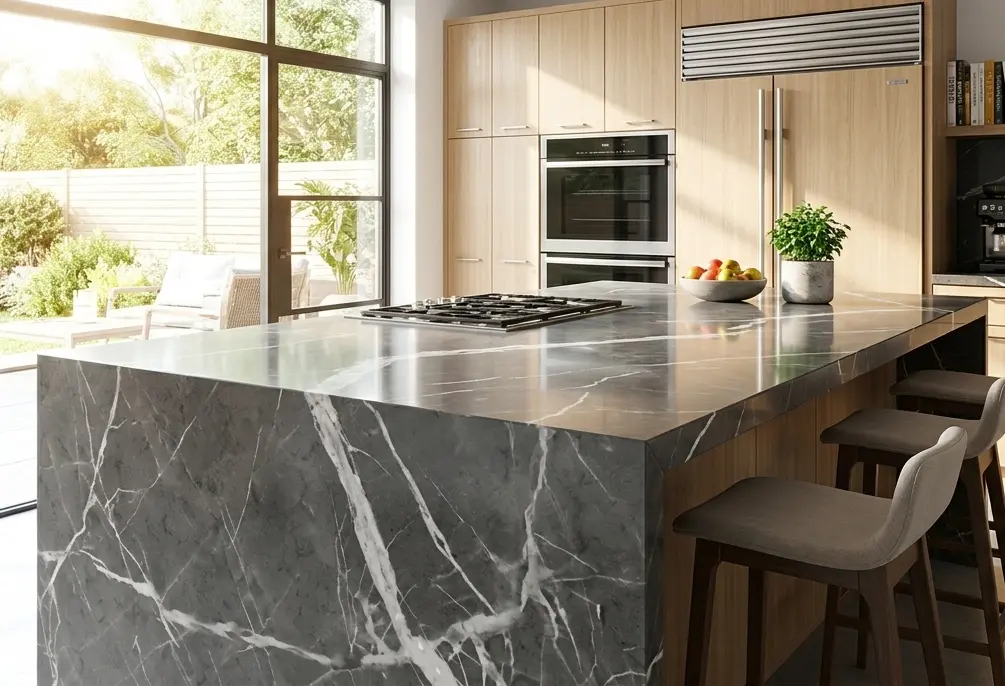 Graphite marble kitchen island with polished deep gray surface