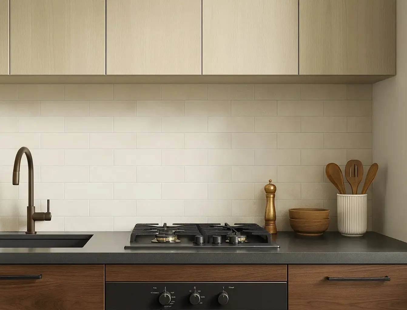 Conceptual rendering of elegant kitchen backsplash featuring glossy Montera 2.5x9 cream-colored porcelain tiles for kitchen walls