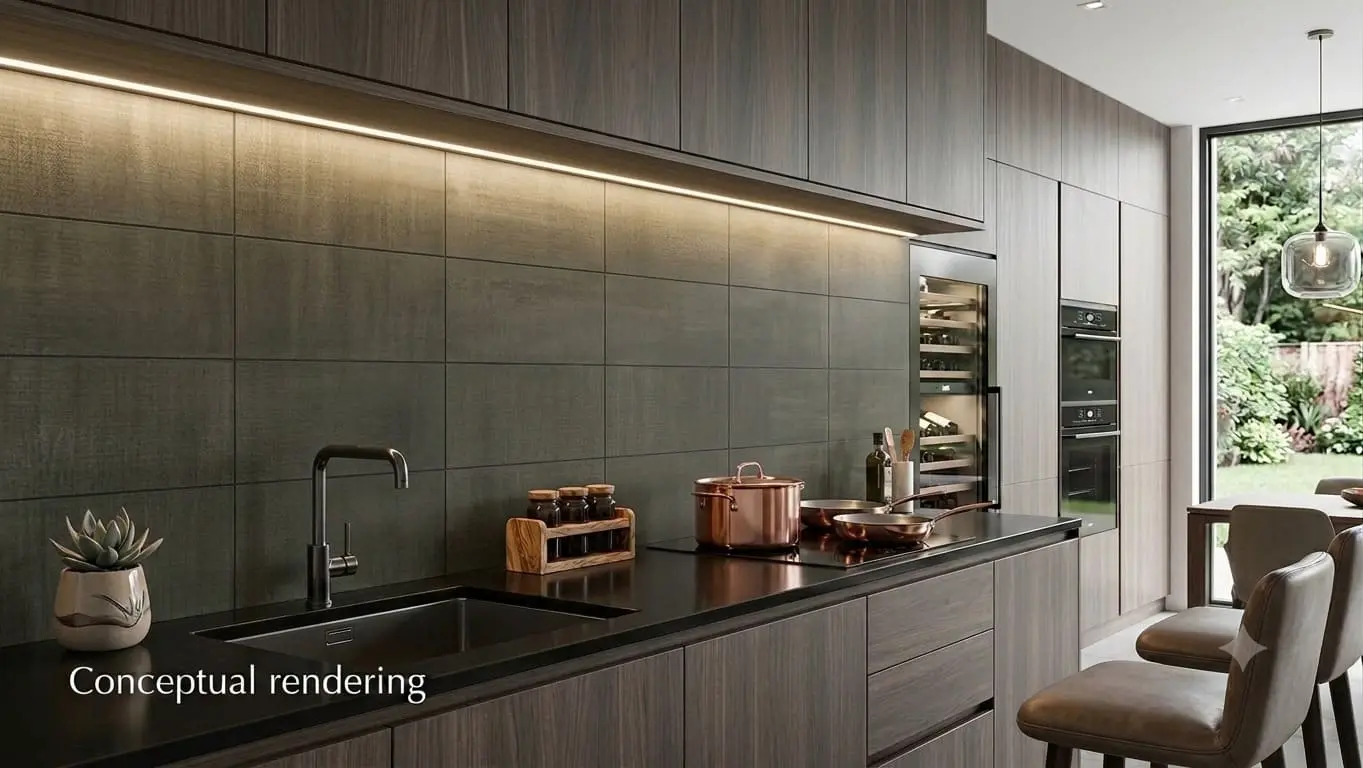 Conceptual rendering of an elegant kitchen showcasing a modern backsplash made of dark rustic metallic porcelain tile