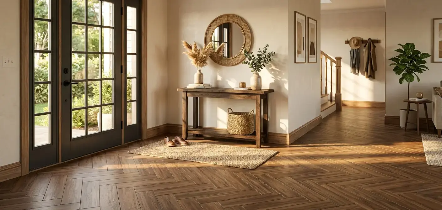 Warm walnut porcelain plank tiles in herringbone layout in a residential entryway
