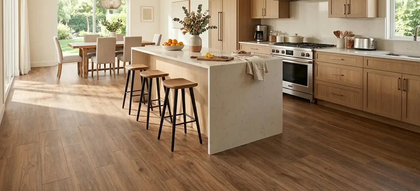 Wood plank porcelain tile in warm walnut matte finish on an open-plan kitchen floor
