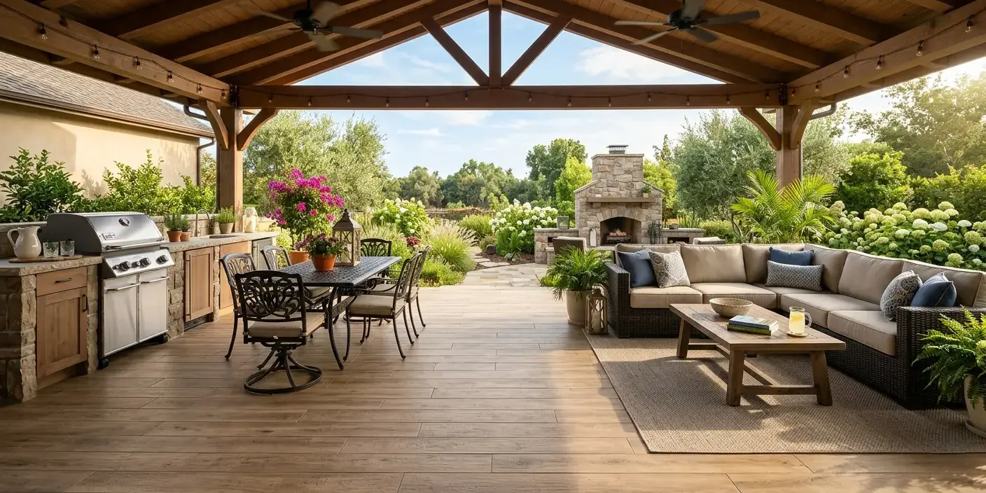 Frost-rated wood plank porcelain tile on a covered outdoor patio with seating area