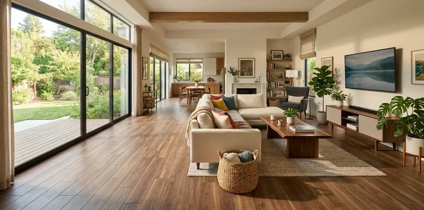 Large-format 8x48 wood plank porcelain tile in walnut tone across a living room floor