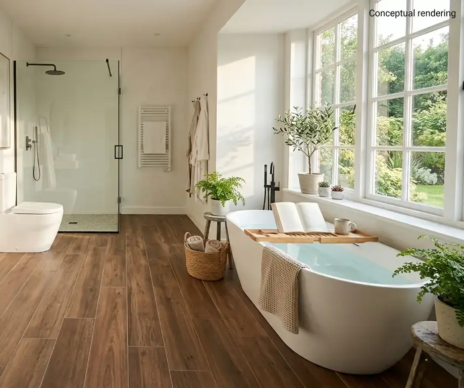 Matte textured walnut wood plank porcelain tile on a bathroom floor with white fixtures