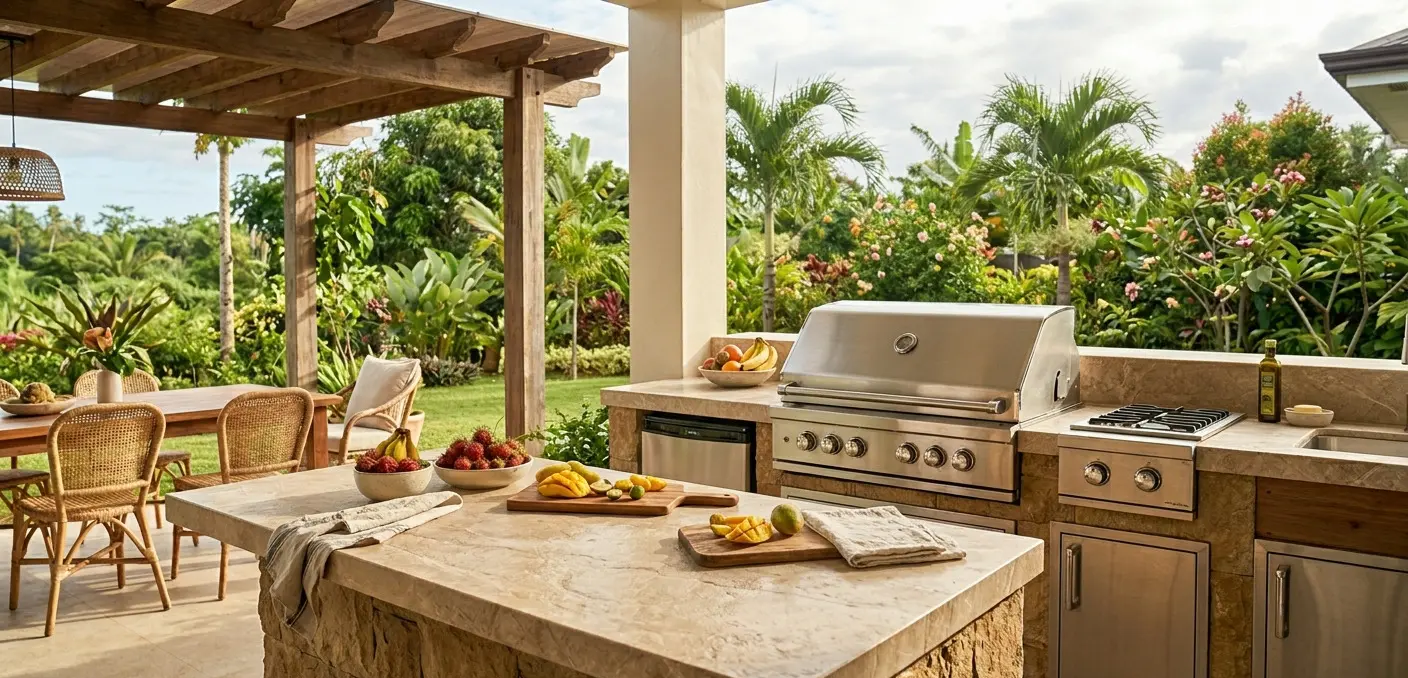 Outdoor kitchen with natural stone countertops and built-in grill surrounded by tropical landscaping