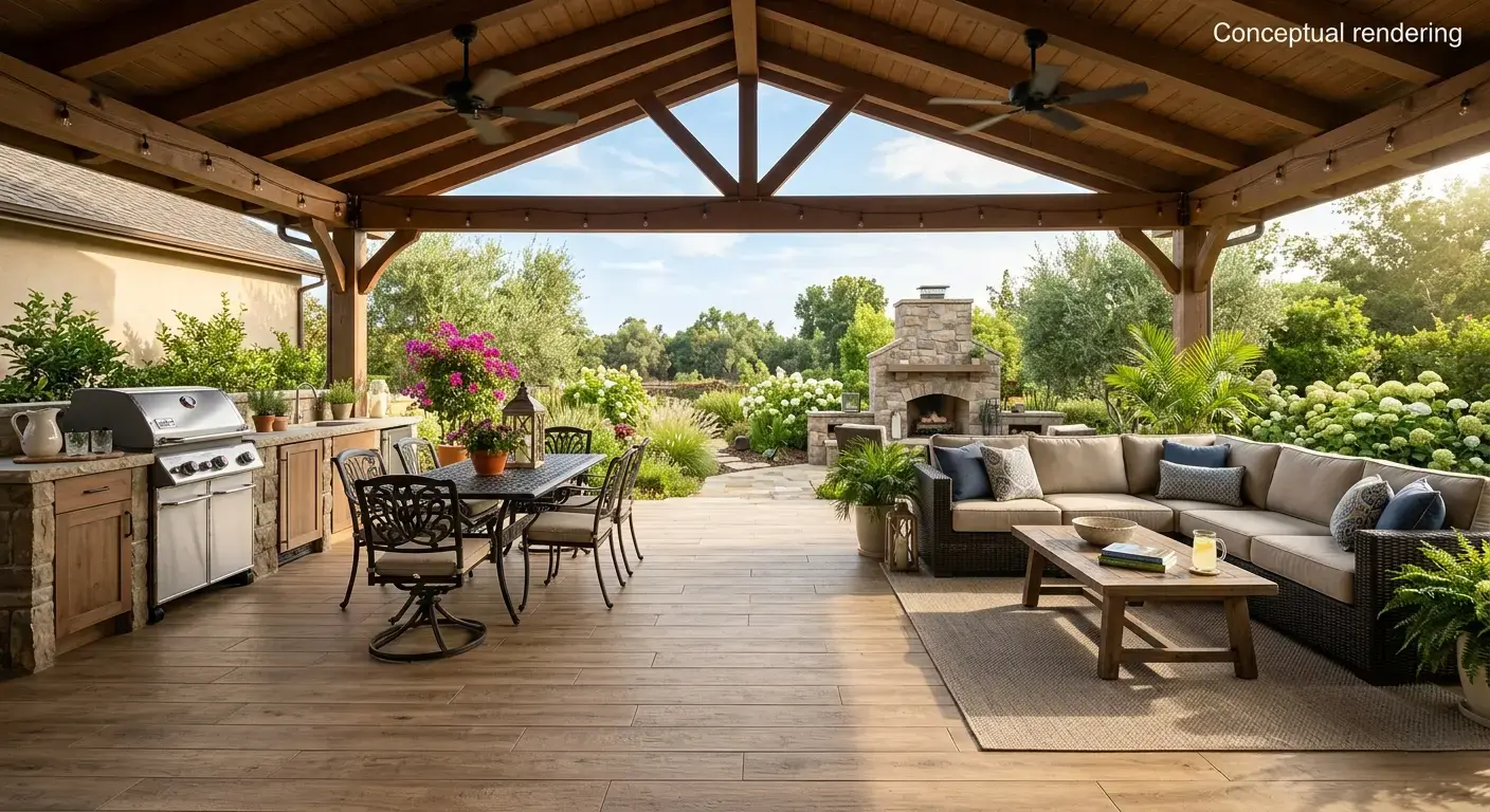 Conceptual rendering of wood look porcelain tile flooring in an outdoor covered patio