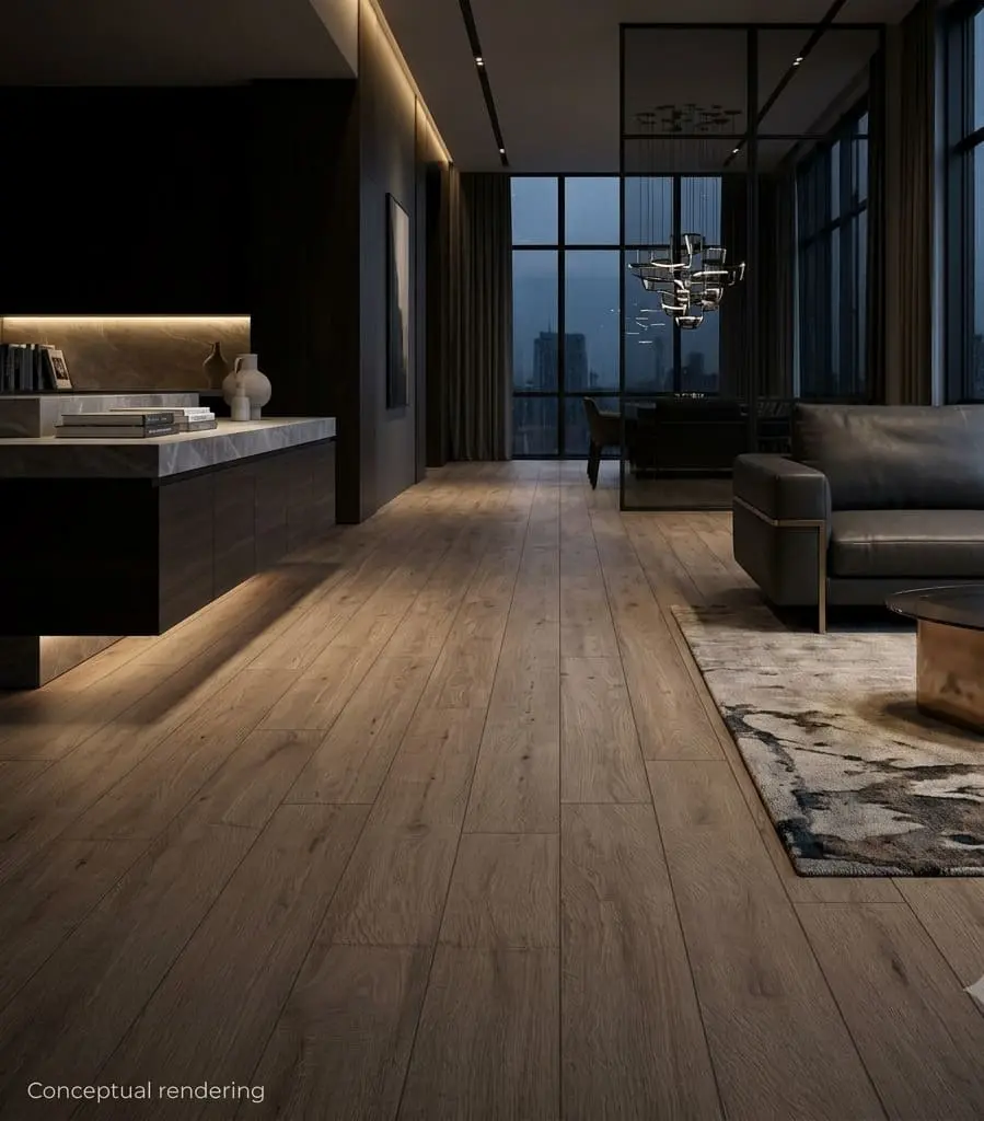 Conceptual rendering of wood look porcelain tile flooring in a luxury modern living room