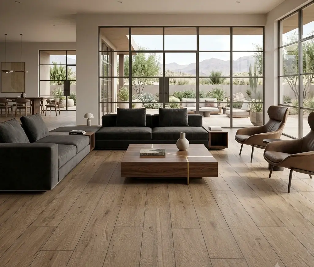 Conceptual rendering of wood look porcelain tile on flooring