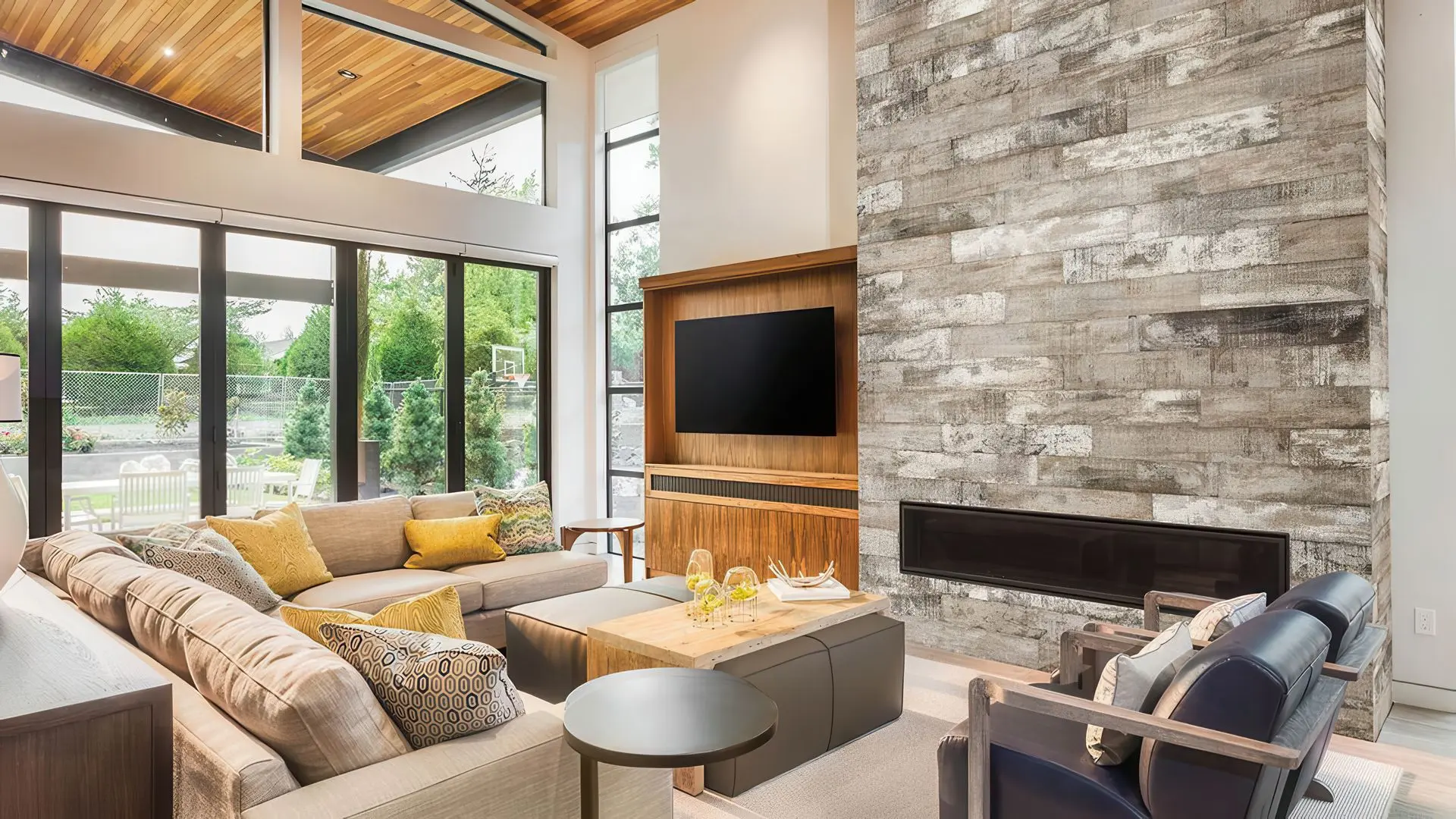 Conceptual rendering of wood look porcelain tile in living room