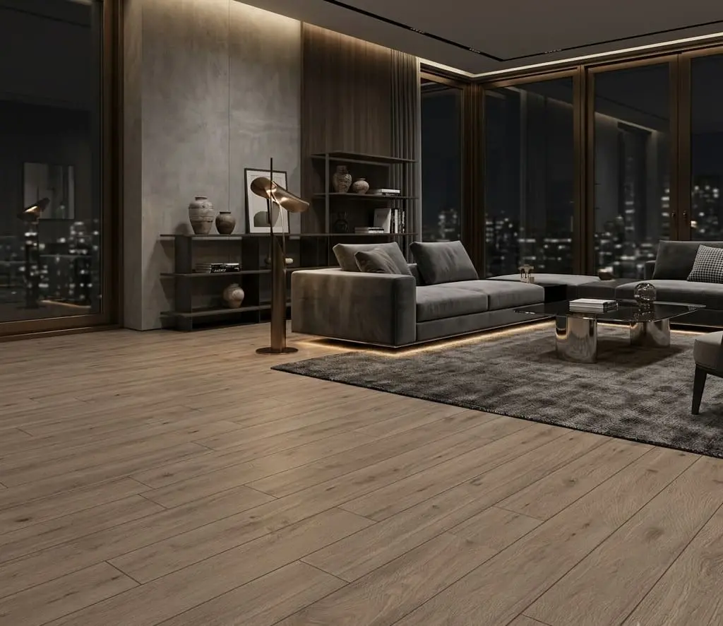 Conceptual rendering of wood look porcelain tile flooring in a modern luxury living room