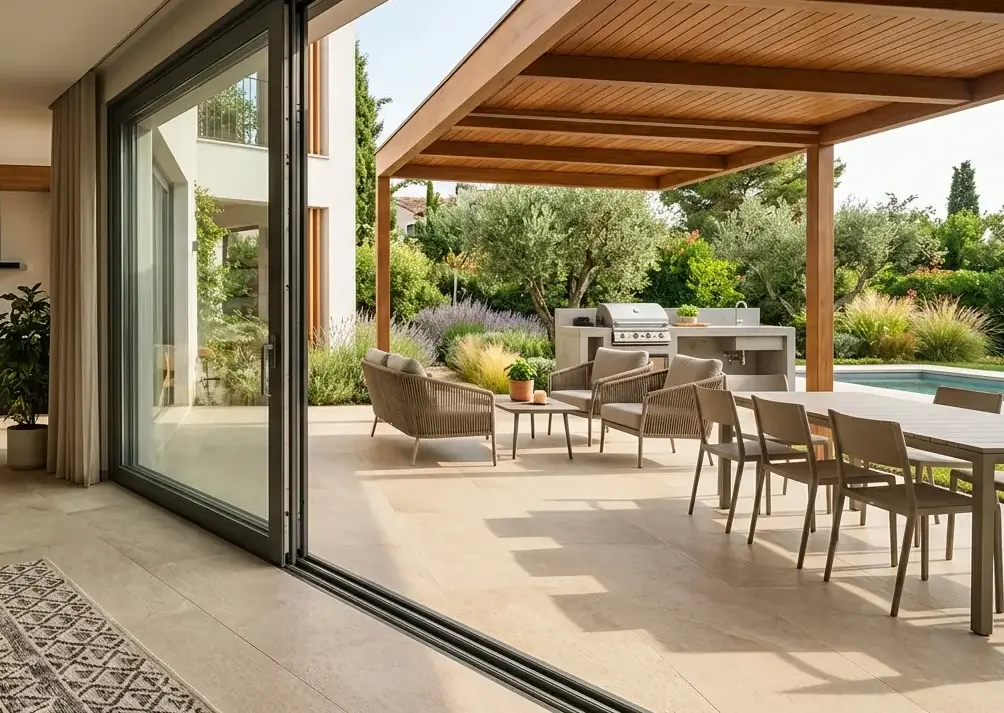 Conceptual rendering of porcelain patio tiles extending from an interior floor through sliding glass doors to a covered terrace
