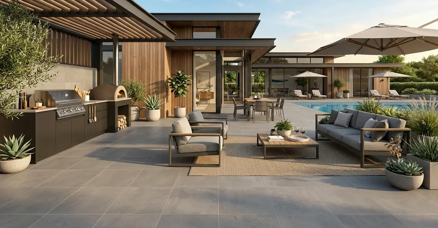 Conceptual rendering of large-format matte gray porcelain patio tiles in a modern outdoor living area