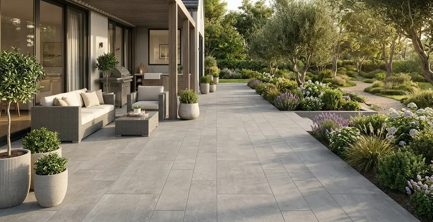 Conceptual rendering of concrete-gray porcelain patio tiles in a running bond layout extending toward a garden setting