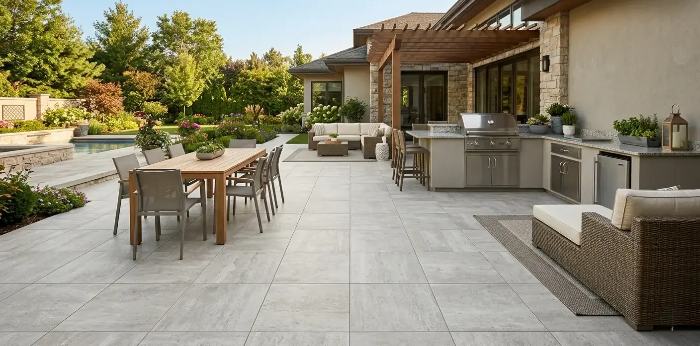 Conceptual rendering of 24x24 porcelain patio tiles in a straight-lay pattern on an open residential patio