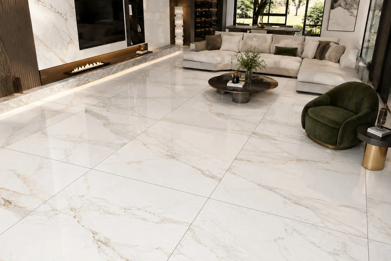 Conceptual rendering of a marble look porcelain tile for floor