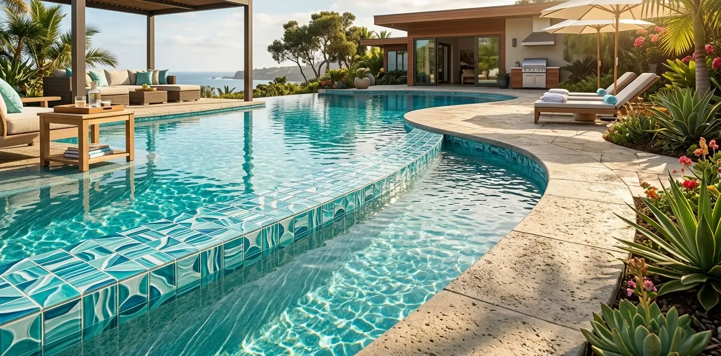 Conceptual rendering of aqua porcelain pool tile along a waterline