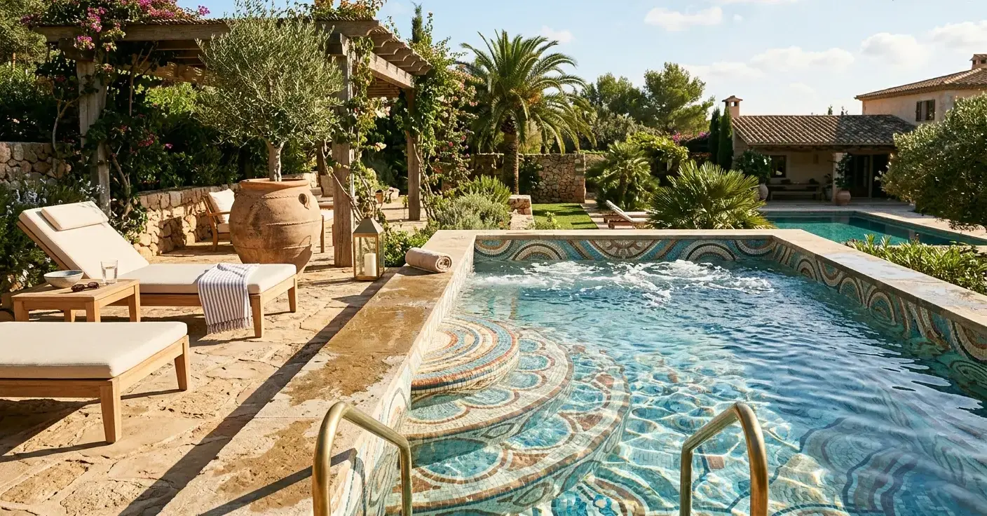 Conceptual rendering of mosaic porcelain pool tile on spa steps